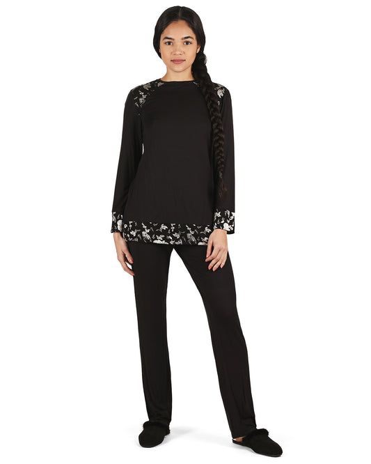 Women's Floral Flocked Ultra-Soft Pajama Set : Color: Black