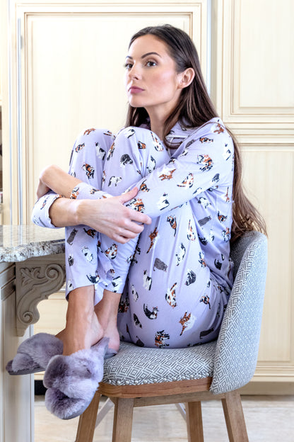 Women's Crazy Cats Notch Collar Cotton Blend Pant Pajama Set : Color: Purple Heather