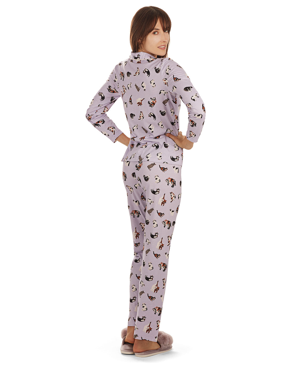 Women's Crazy Cats Notch Collar Cotton Blend Pant Pajama Set : Color: Purple Heather