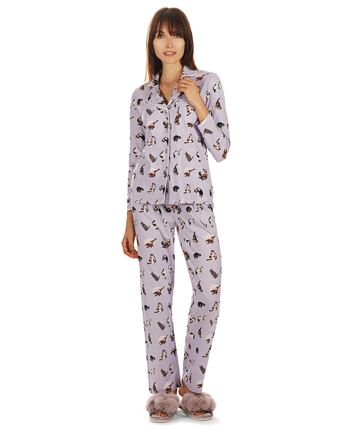 Women's Crazy Cats Notch Collar Cotton Blend Pant Pajama Set : Color: Purple Heather