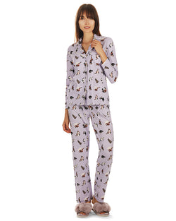 Women's Crazy Cats Notch Collar Cotton Blend Pant Pajama Set