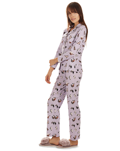 Women's Crazy Cats Notch Collar Cotton Blend Pant Pajama Set : Color: Purple Heather