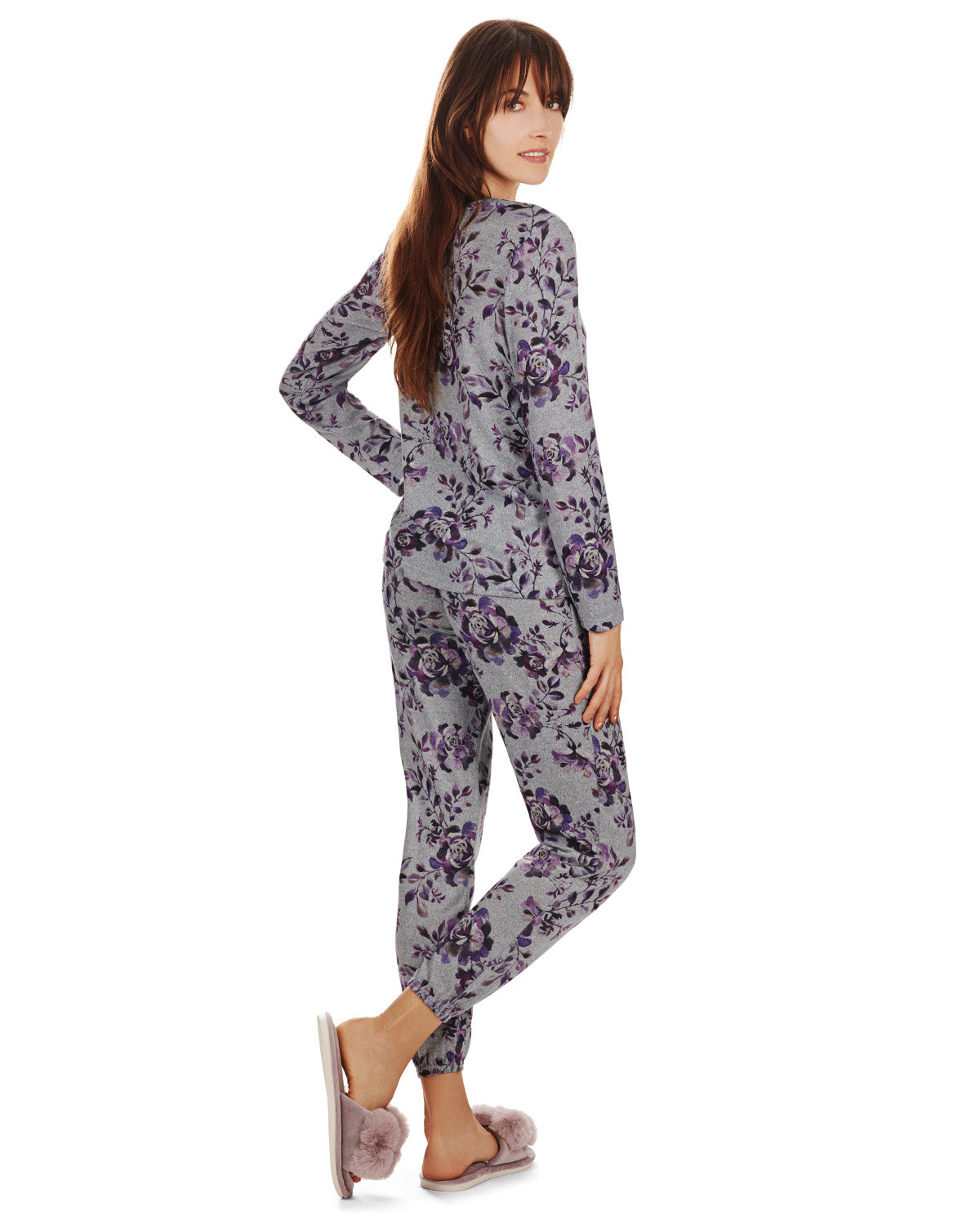 Women's 2 Piece Purple Blossom Long Sleeve and Tapered Pant Pajama Set : Color: Purple