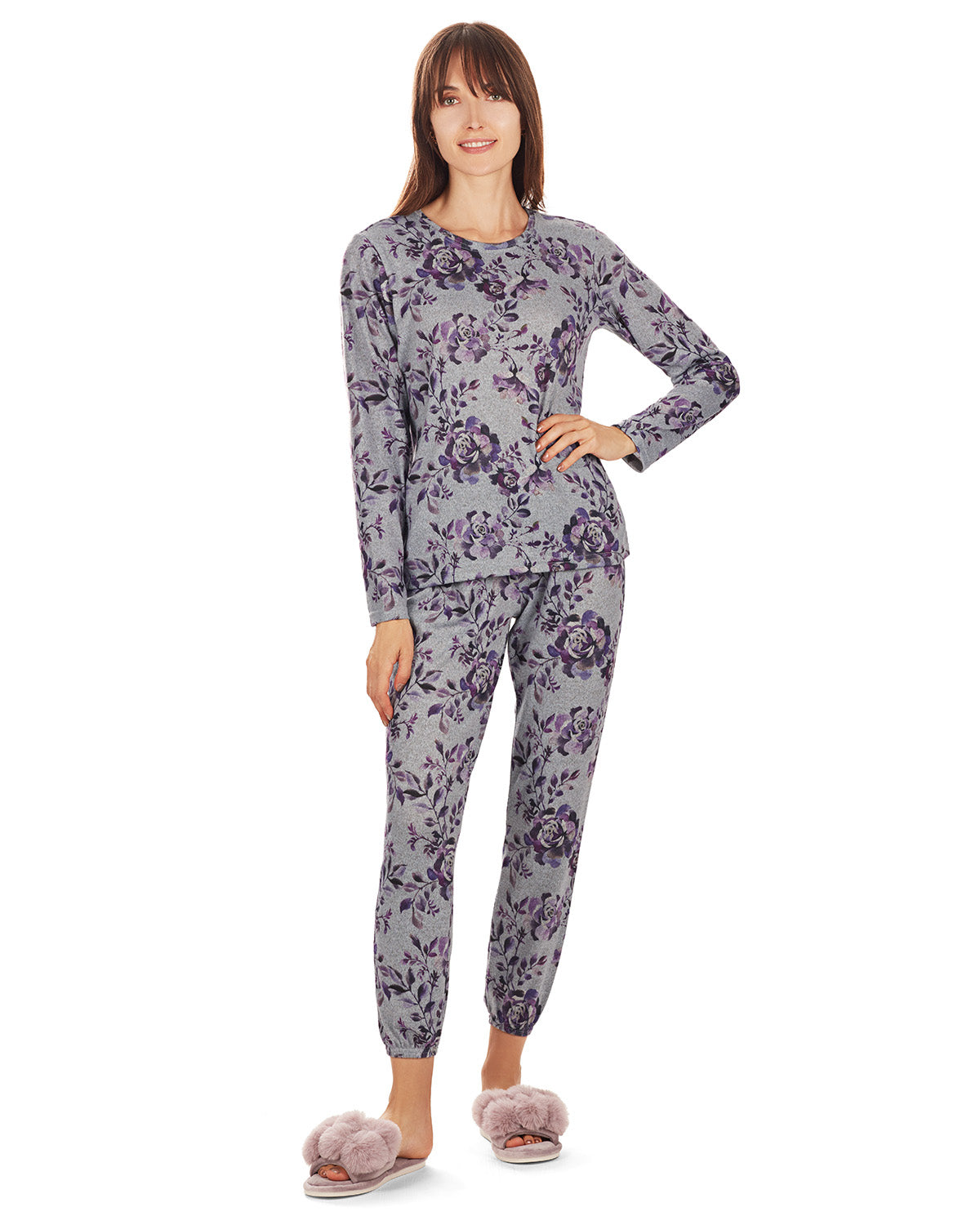 Women's 2 Piece Purple Blossom Long Sleeve and Tapered Pant Pajama Set : Color: Purple