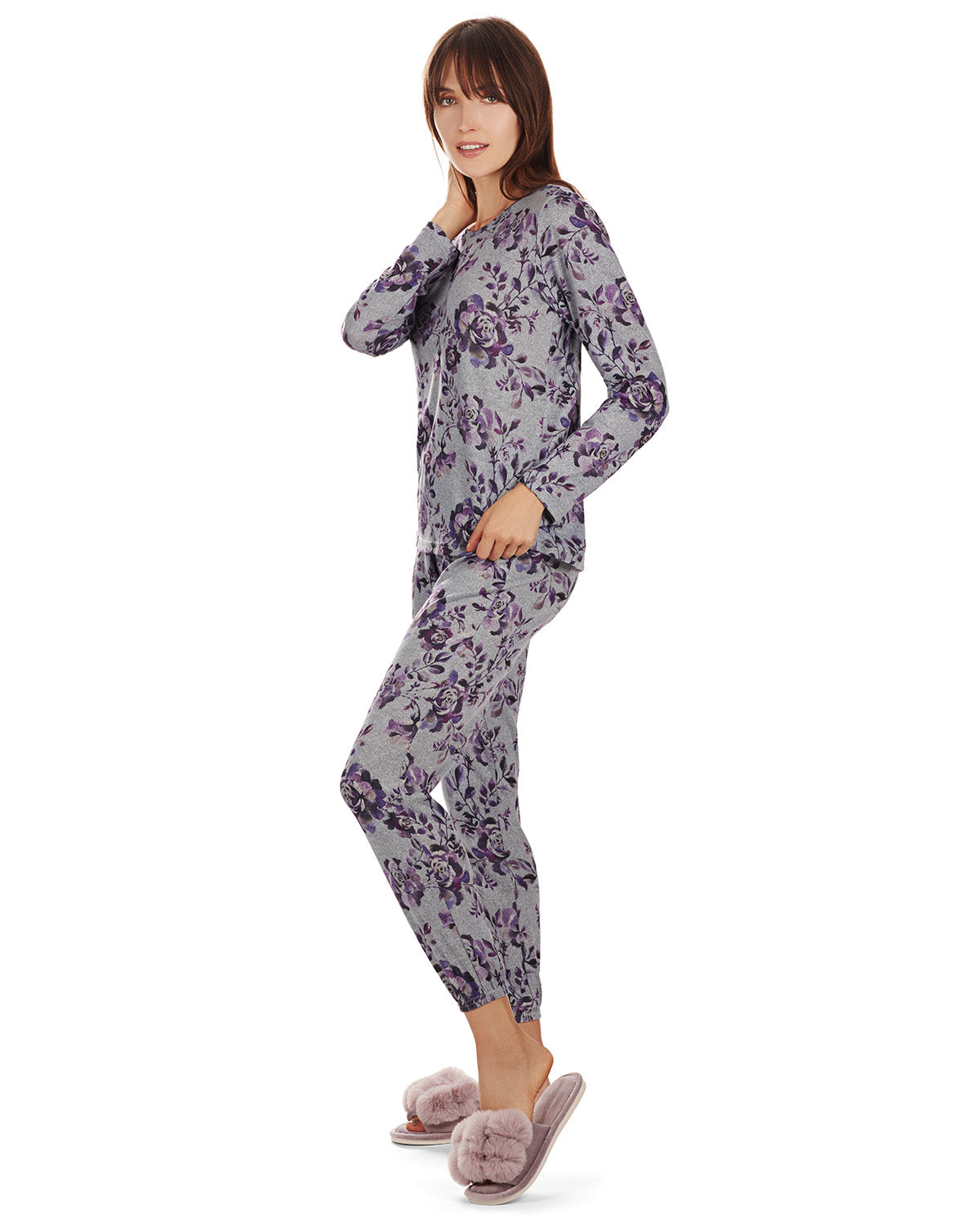 Women's 2 Piece Purple Blossom Long Sleeve and Tapered Pant Pajama Set : Color: Purple