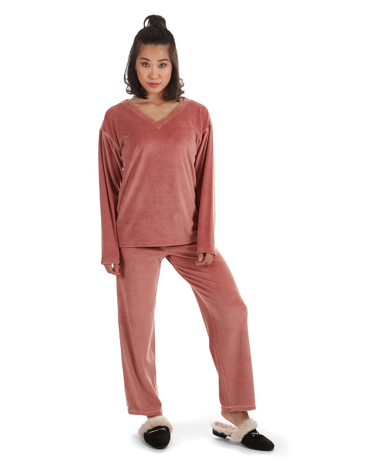 Women's 2 Piece Velour V-Neck Sweatshirt Lounge Set : Color: Rose