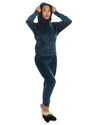 Women's 2 Piece Plush Ribbed Velour Hooded Sweatshirt Set : Color: Ocean Navy