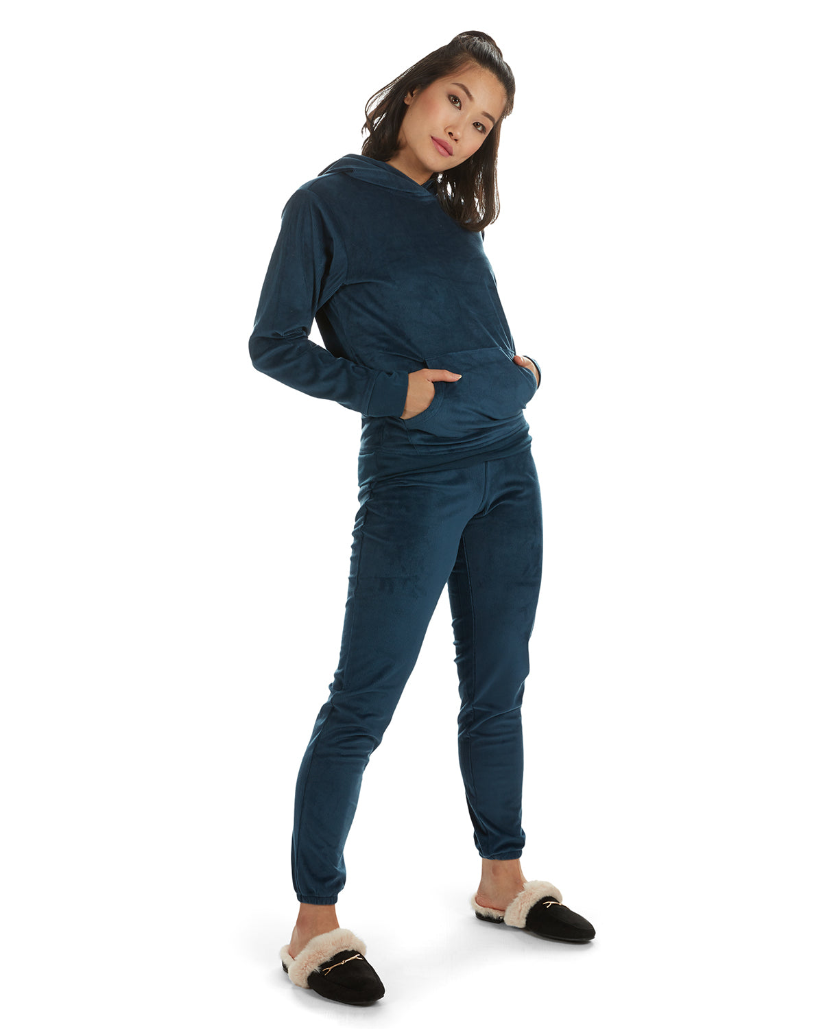 Women's 2 Piece Plush Ribbed Velour Hooded Sweatshirt Set : Color: Ocean Navy