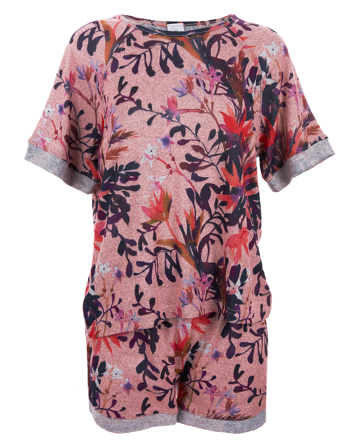 Women's 2 Piece Floral Paradise T-Shirt and Shorts Pajama Set : Color: Pink