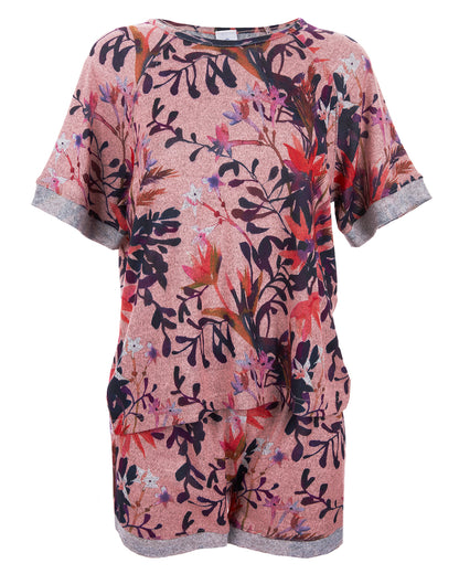 Women's 2 Piece Floral Paradise T-Shirt and Shorts Pajama Set : Color: Pink