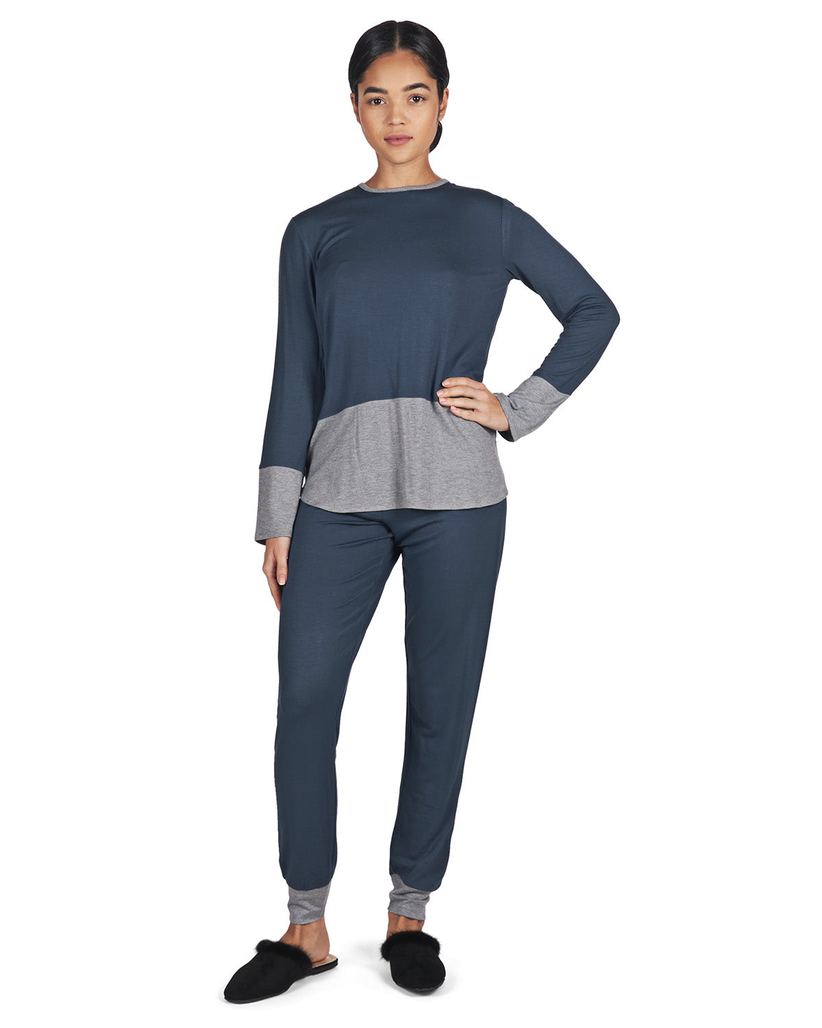 Women's 2 Piece Two Tone Blue and Gray Pajama Set : Color: Midnight Navy