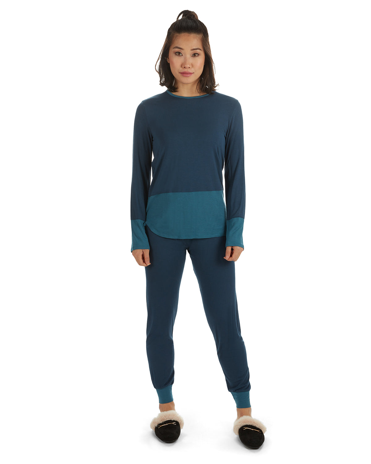 Women's 2 Piece Two Tone Blue and Gray Pajama Set : Color: Ocean Navy