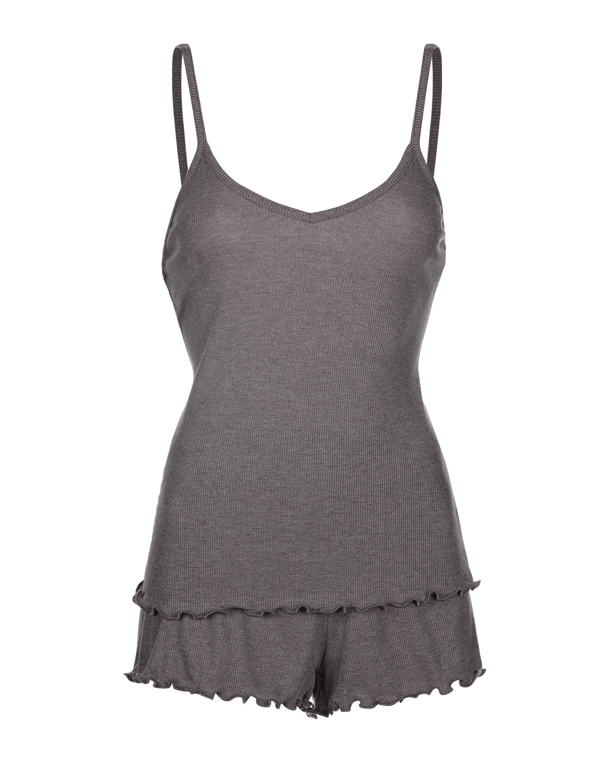 Women's Ruffled Lettuce Edge Rib Tank Top and Short Set : Color: PUrple Gray