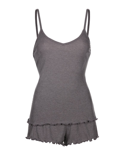 Women's Ruffled Lettuce Edge Rib Tank Top and Short Set : Color: PUrple Gray