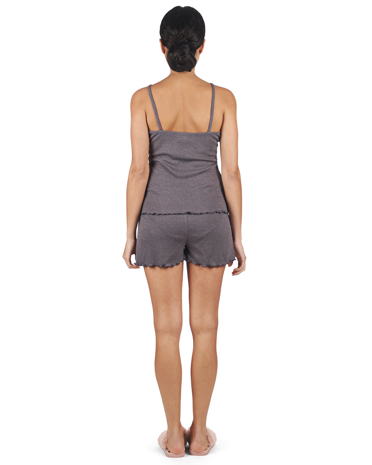 Women's Ruffled Lettuce Edge Rib Tank Top and Short Set : Color: Purple Gray