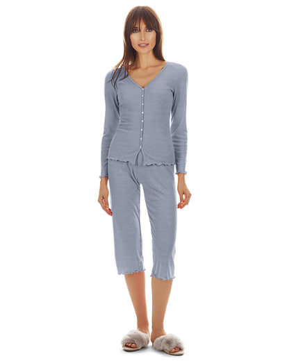 Women's Ruffled Lettuce Edge Rib Long Sleeve and Capri Set : Color: Blue Heather