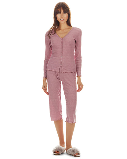 Women's Ruffled Lettuce Edge Rib Long Sleeve and Capri Set : Color: Pink Heather