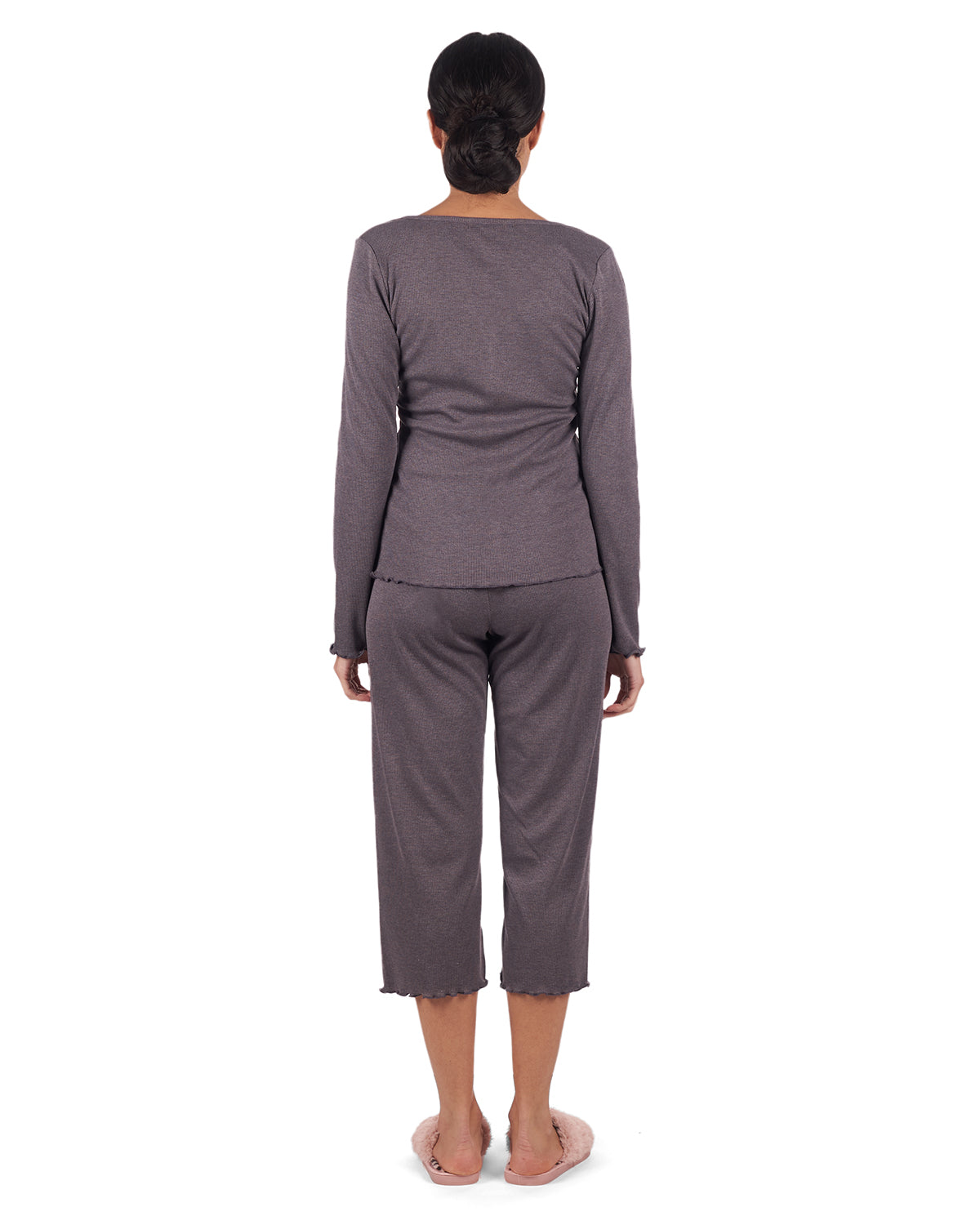 Women's Ruffled Lettuce Edge Rib Long Sleeve and Capri Set : Color: Purple Gray