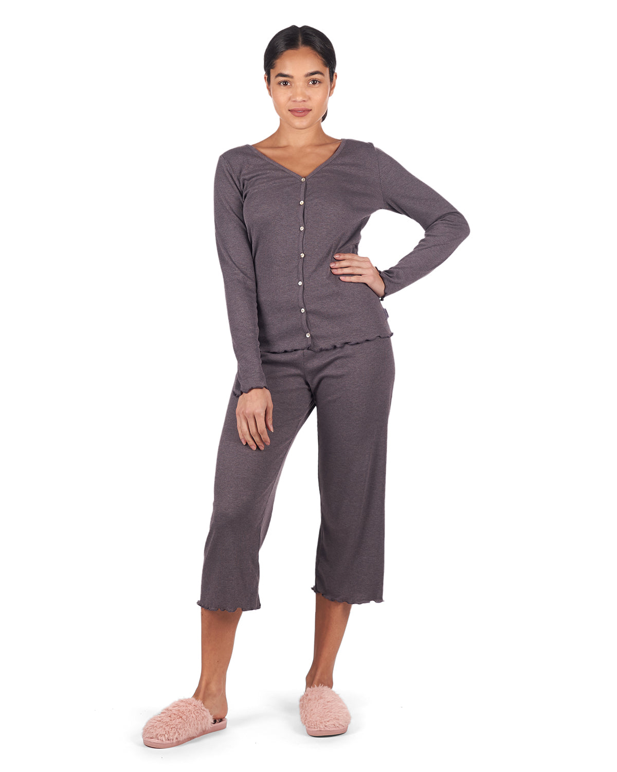 Women's Ruffled Lettuce Edge Rib Long Sleeve and Capri Set : Color: Purple-Gray