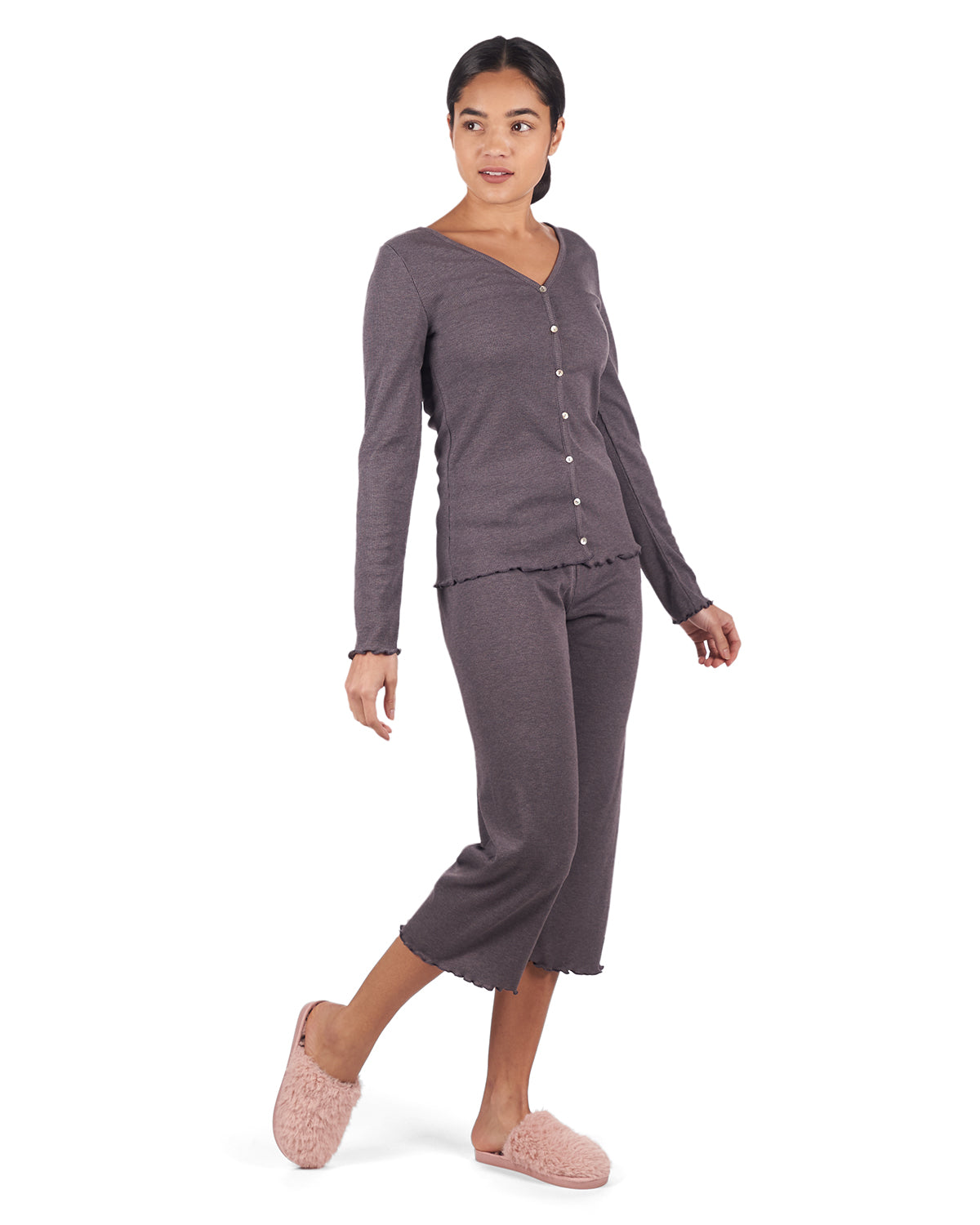 Women's Ruffled Lettuce Edge Rib Long Sleeve and Capri Set : Color: Purple Gray