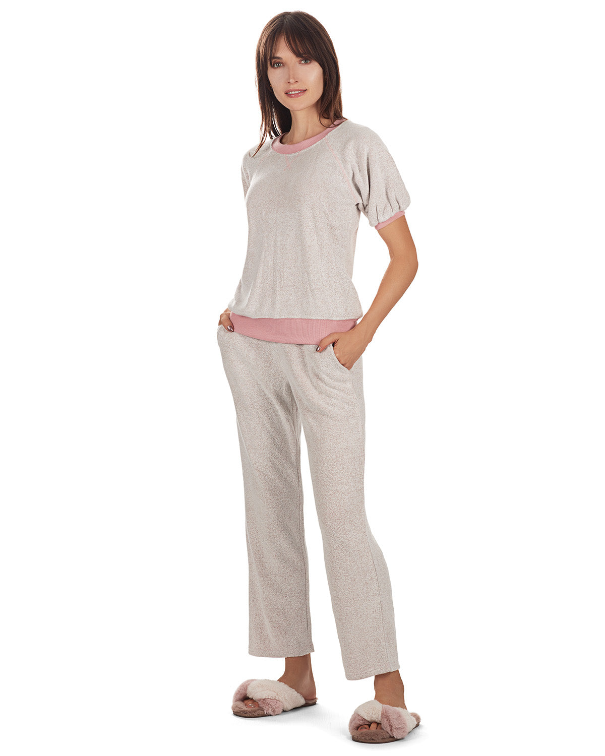 Women's Bamboo-Blend Spa Terry Matching Top and Pants Set : Color: Pink