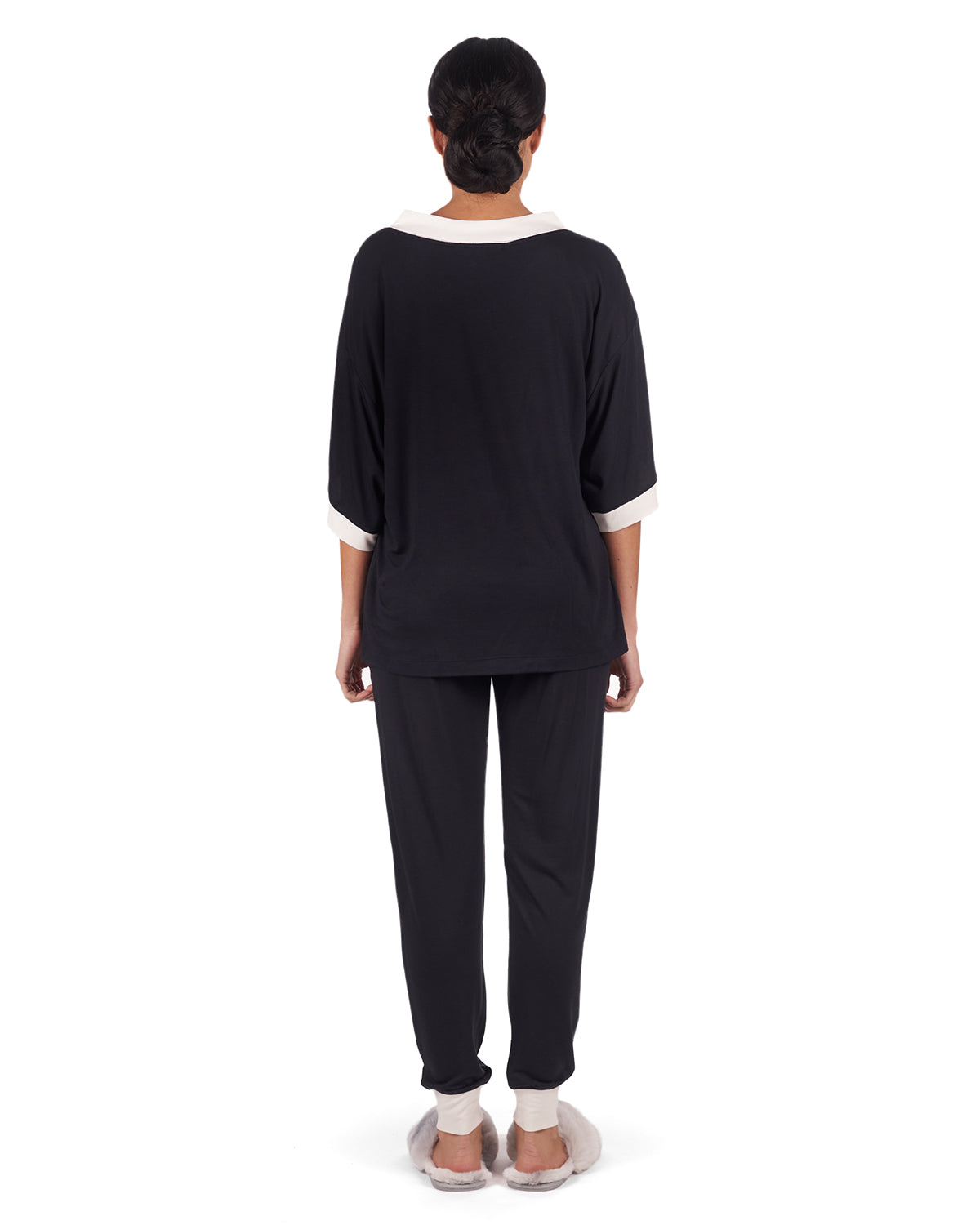 Women's Contrast Trim Loose Fit Modal Short Sleeve and Pants Set : Color: Black