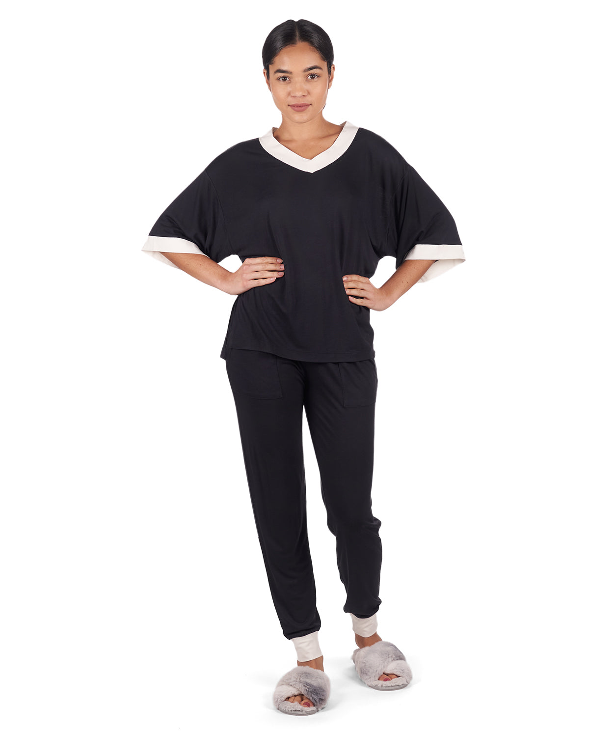 Women's Contrast Trim Loose Fit Modal Short Sleeve and Pants Set : Color: Black