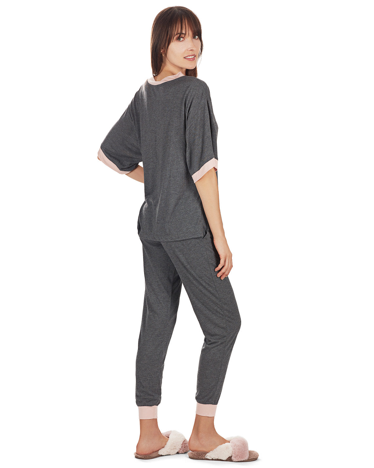 Women's Contrast Trim Loose Fit Modal Short Sleeve and Pants Set : Color: Gray Heather