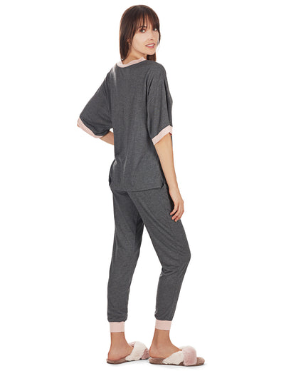 Women's Contrast Trim Loose Fit Modal Short Sleeve and Pants Set : Color: Gray Heather