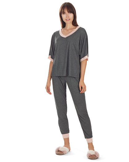 Women's Contrast Trim Loose Fit Modal Short Sleeve and Pants Set : Color: Gray Heather
