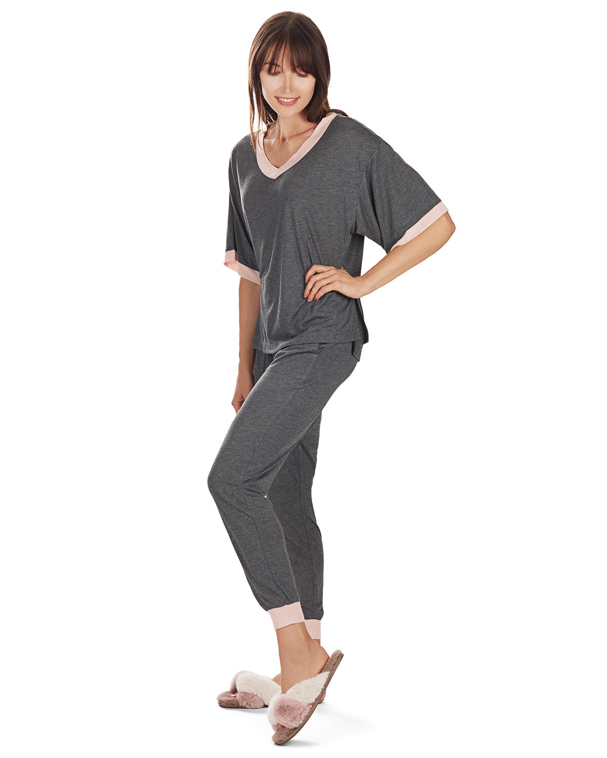 Women's Contrast Trim Loose Fit Modal Short Sleeve and Pants Set : Color: Gray Heather