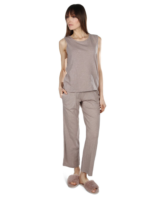 Women's Relaxed Fit 100% Cotton Slub Knit Pants and T-Shirt Set : Color: Taupe