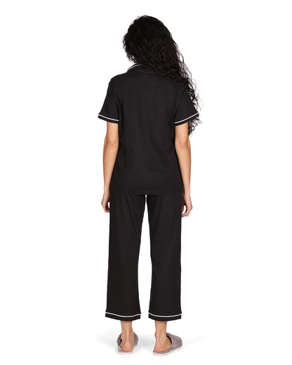 Women's Notch Collar Capri Cotton Blend Pajama Set : Color: Black