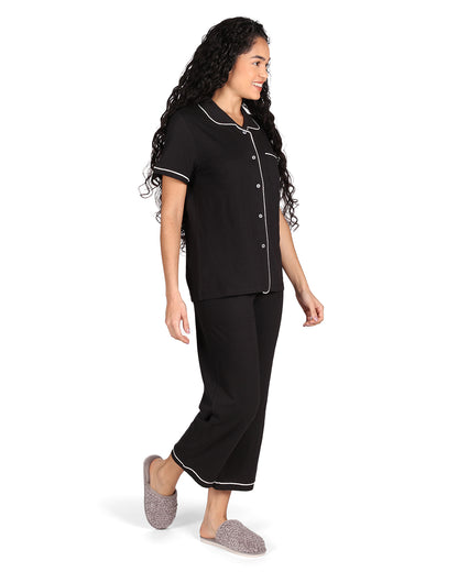 Women's Notch Collar Capri Cotton Blend Pajama Set : Color: Black