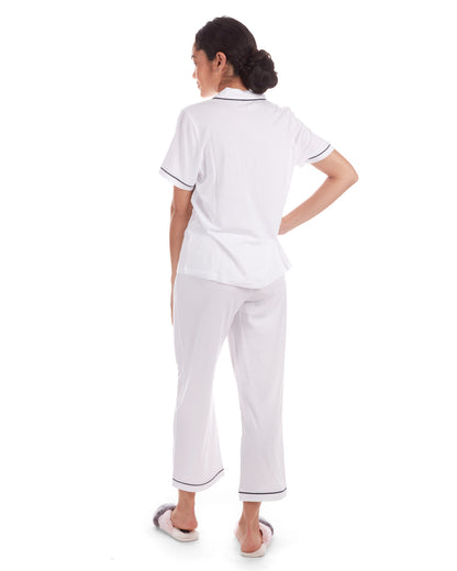 Women's Notch Collar Capri Cotton Blend Pajama Set : Color: White