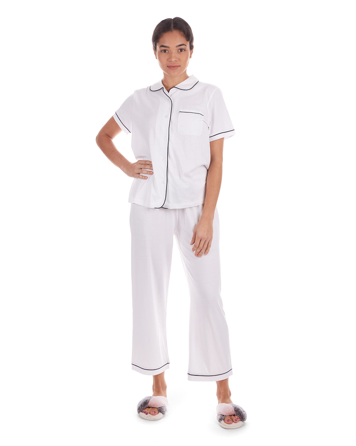 Women's Notch Collar Capri Cotton Blend Pajama Set : Color: White