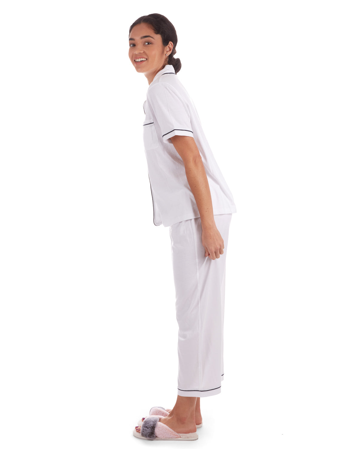 Women's Notch Collar Capri Cotton Blend Pajama Set : Color: White