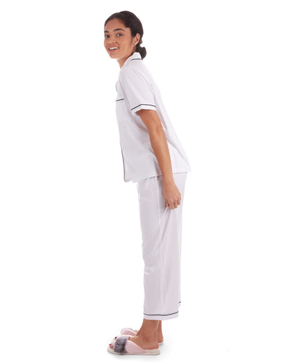 Women's Notch Collar Capri Cotton Blend Pajama Set : Color: White