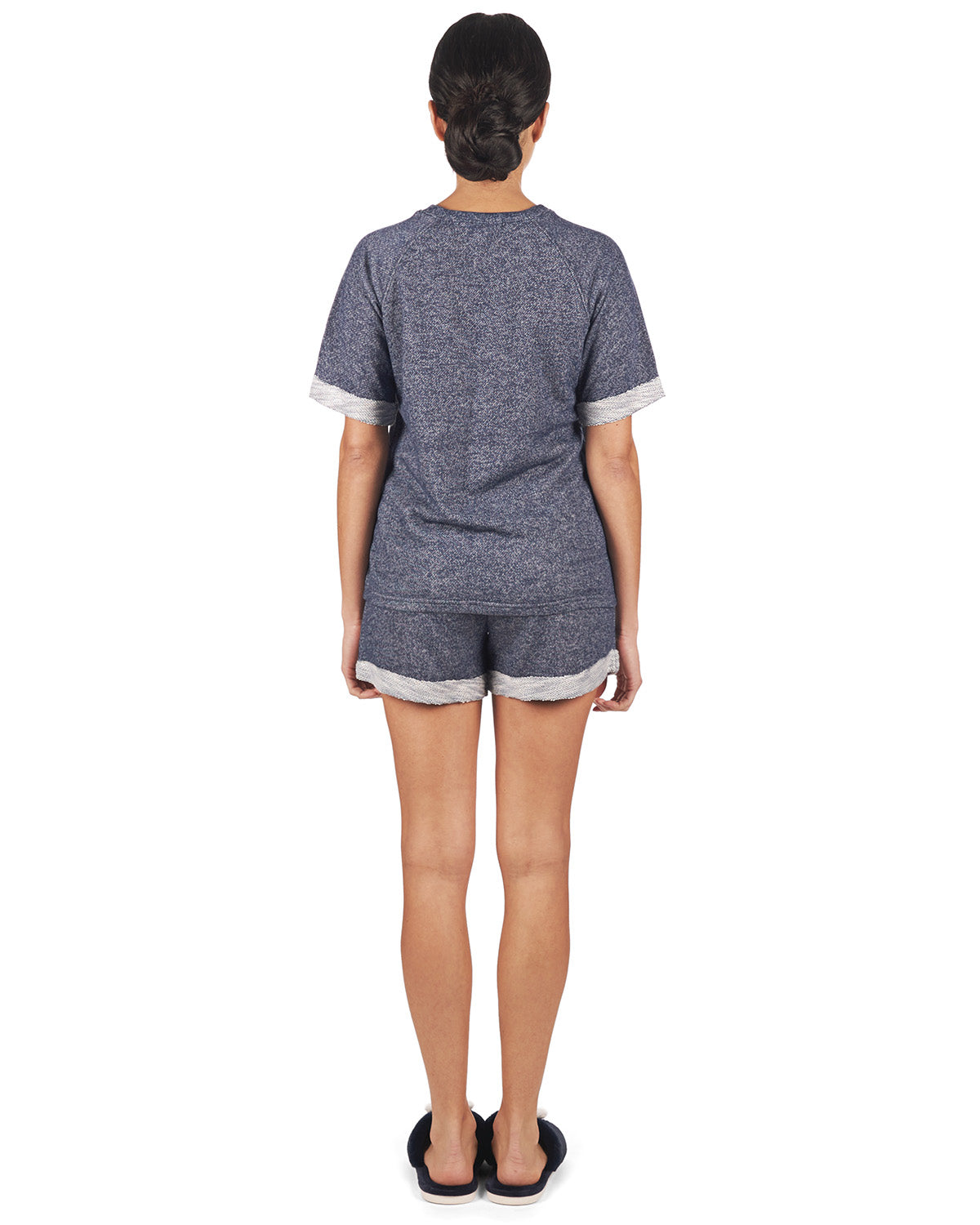 Women's Terry Slub Knit Two-Tone Matching Short and T-Shirt Set : Color: Indigo