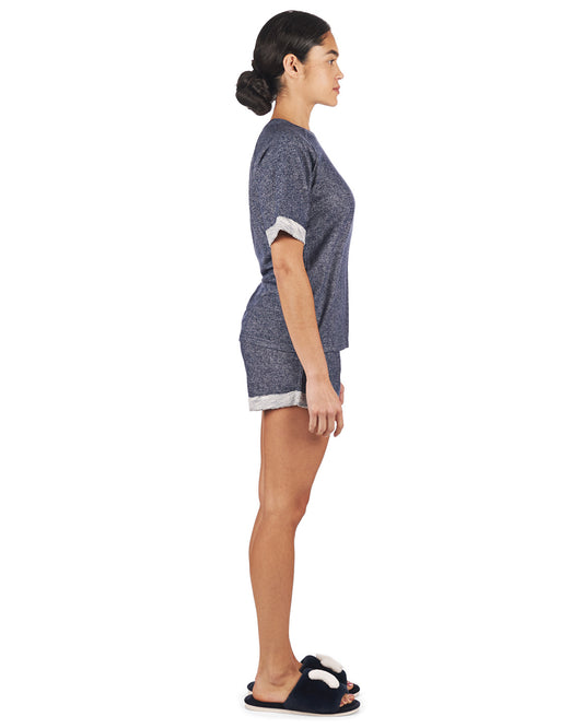 Women's Terry Slub Knit Two-Tone Matching Short and T-Shirt Set : Color: Indigo