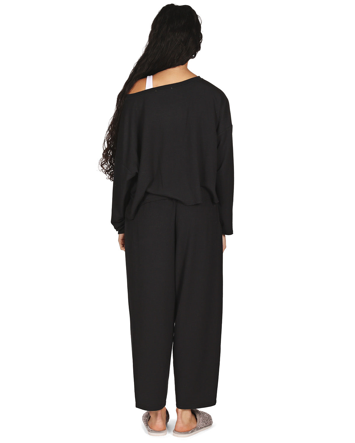 Women's Raw Edge Long Sleeve Shirt and Jogger Pants Set : Color: Black