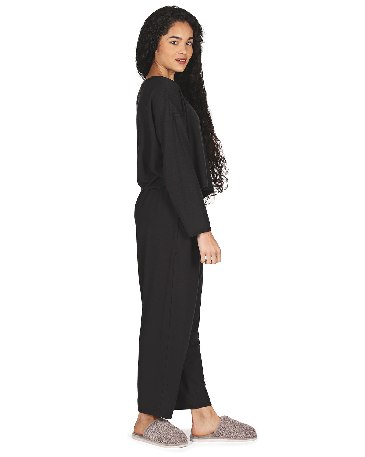 Women's Raw Edge Long Sleeve Shirt and Jogger Pants Set : Color: Black