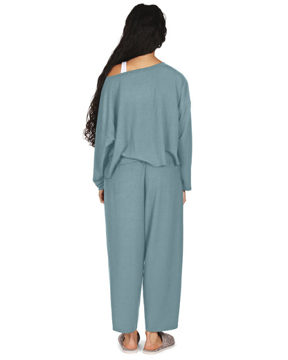 Women's Raw Edge Long Sleeve Shirt and Jogger Pants Set : Color: Dusty Teal
