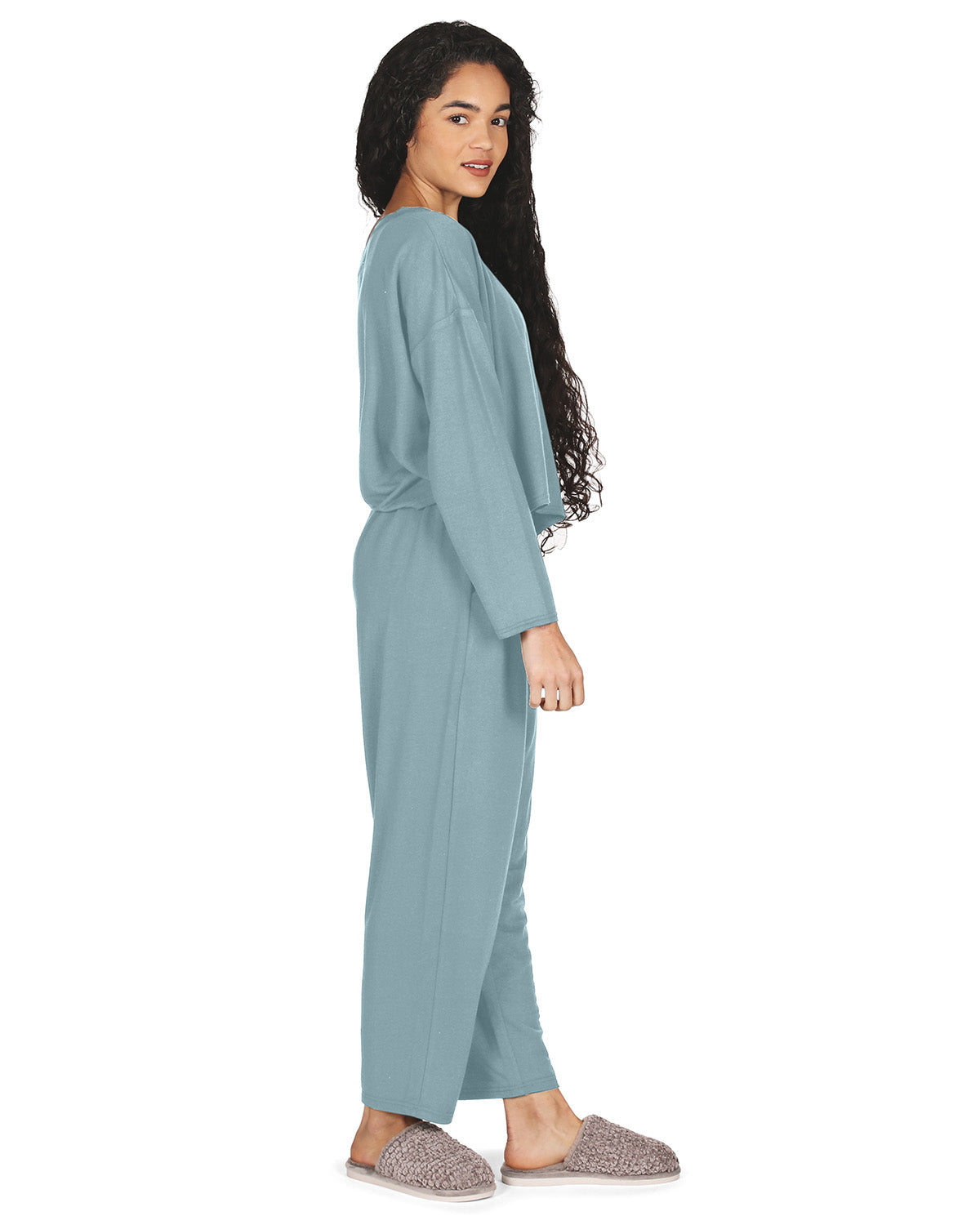 Women's Raw Edge Long Sleeve Shirt and Jogger Pants Set : Color: Dusty Teal
