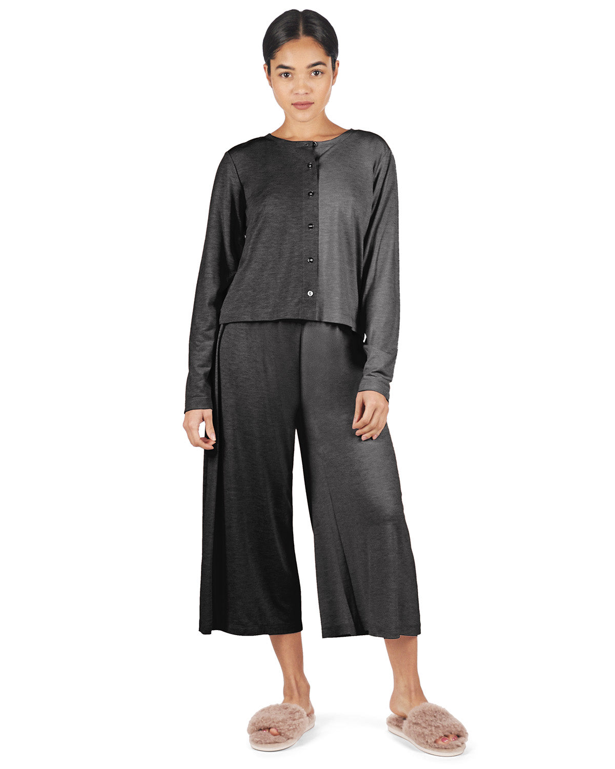 Women's Color Block Modal Button-Down Shirt and Capri Set : Color: Black-Charcoal