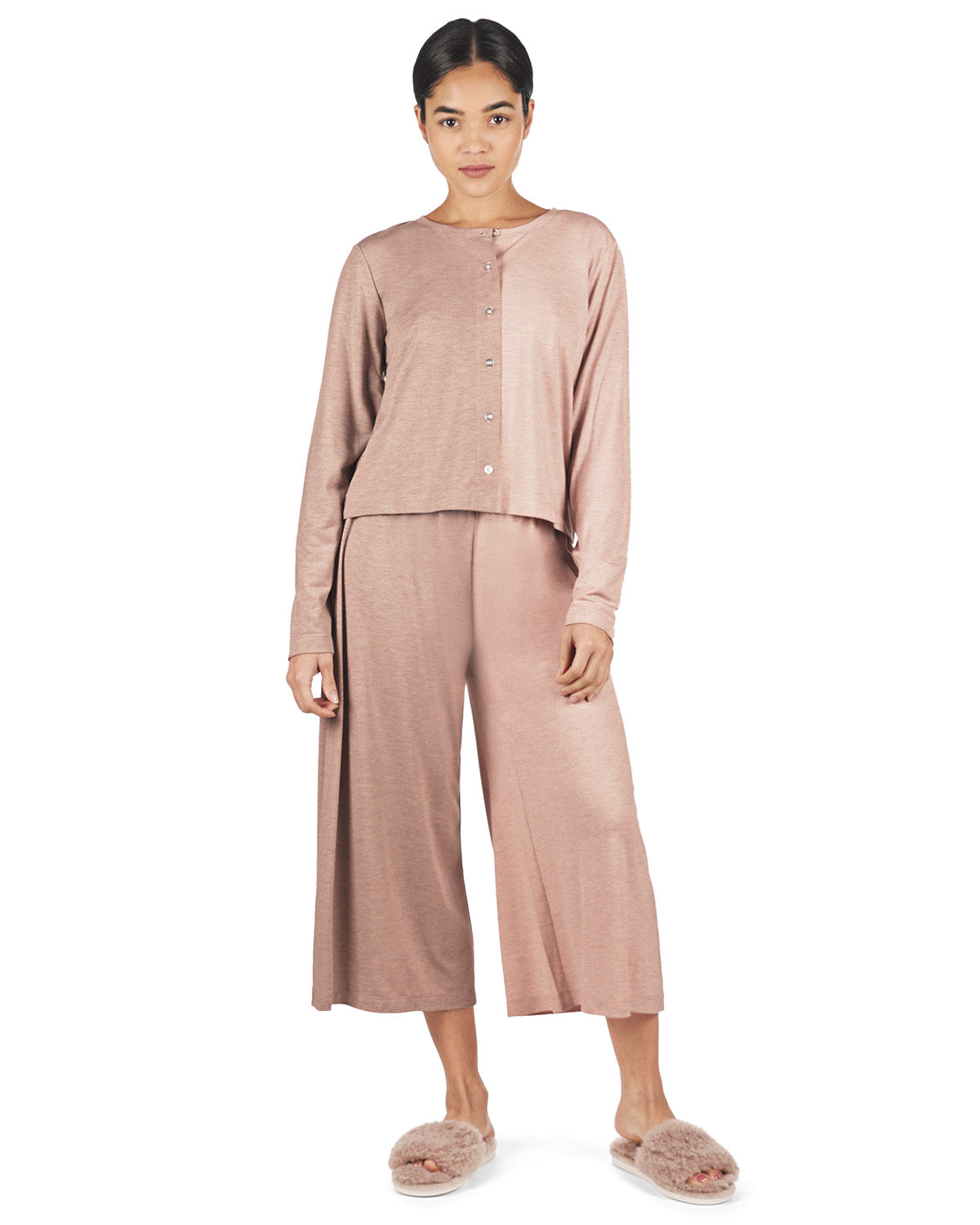 Women's Color Block Modal Button-Down Shirt and Capri Set : Color: Blush-Taupe Heather