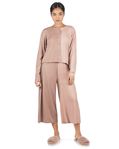 Women's Color Block Modal Button-Down Shirt and Capri Set : Color: Blush-Taupe Heather