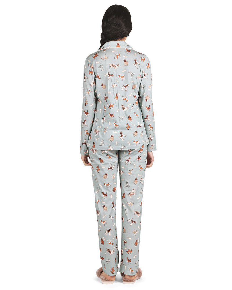 Women's Dog and Bone Notch Collar Cotton Blend Pant Pajama Set