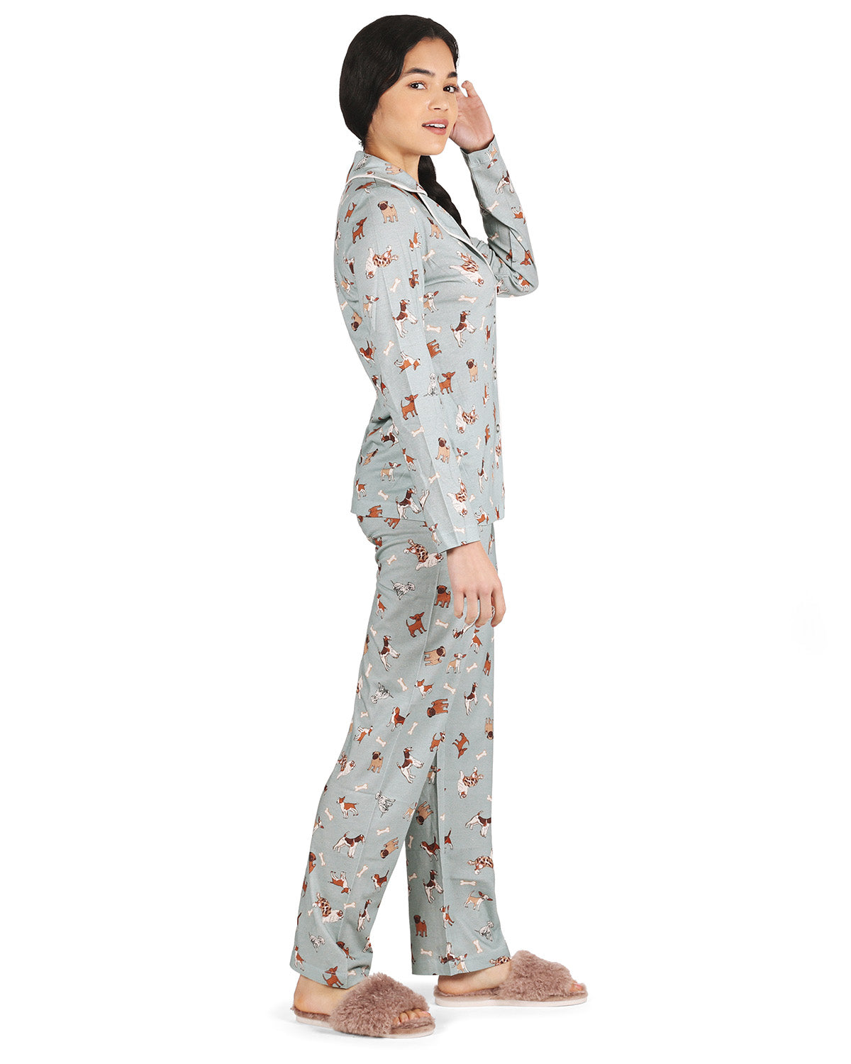 Women's Dog and Bone Notch Collar Cotton Blend Pant Pajama Set : Color: Dusty Teal Heather