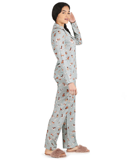 Women's Dog and Bone Notch Collar Cotton Blend Pant Pajama Set : Color: Dusty Teal Heather